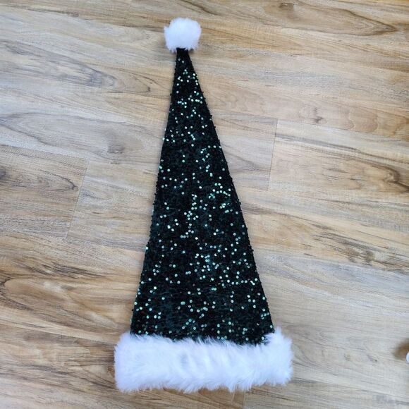 🩵NWOT Dark Green Sequin Long Unisex Santa Hat - Picture 3 of 8